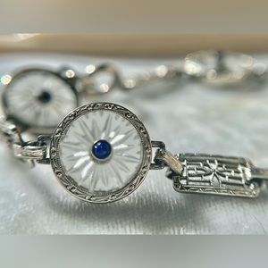 Antique Art Deco Bracelet by Krementz Camphor Glass Blue Crystals 14k White Gold